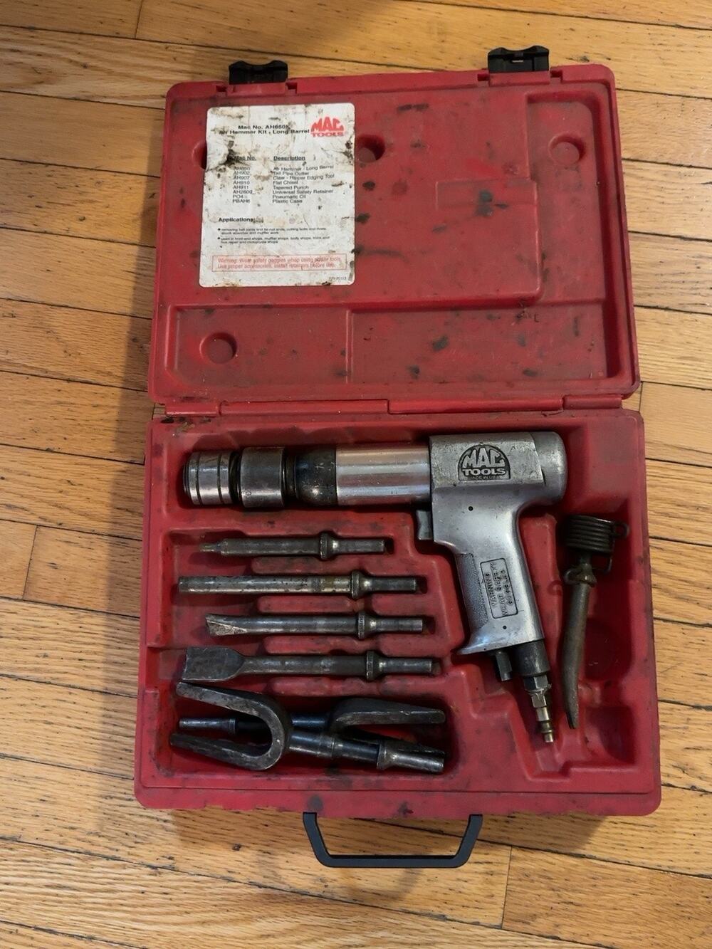 MAC Tools AH650K Long Barrel Air Hammer Kit Pneumatic Chisels Bits Red Case USA